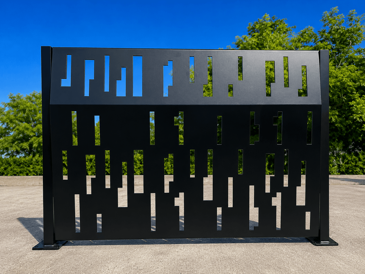 Black waterjet-cut privacy panel with abstract block pattern