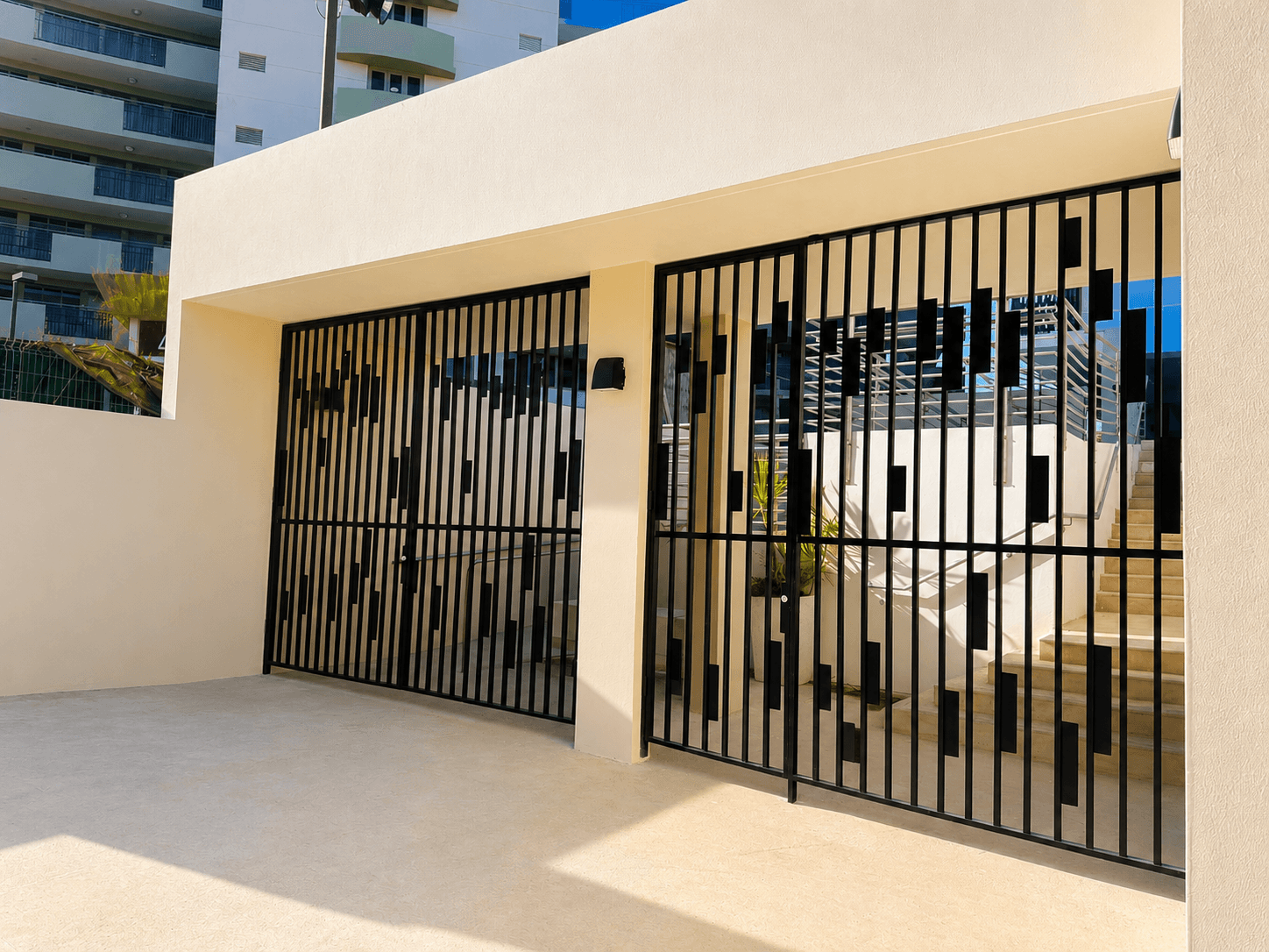 Black carport gates with vertical bar and block pattern