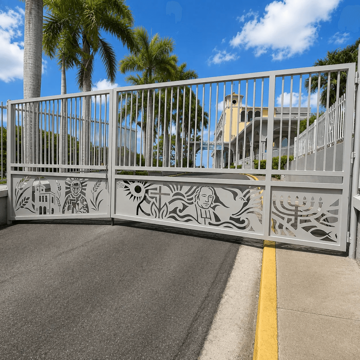 Waterjet-cut security gate with religious iconography panels