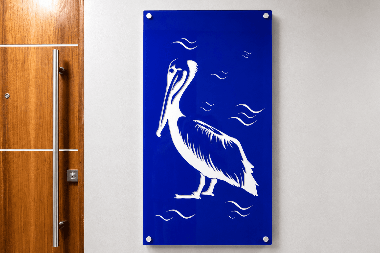 Pelican art panel on blue acrylic