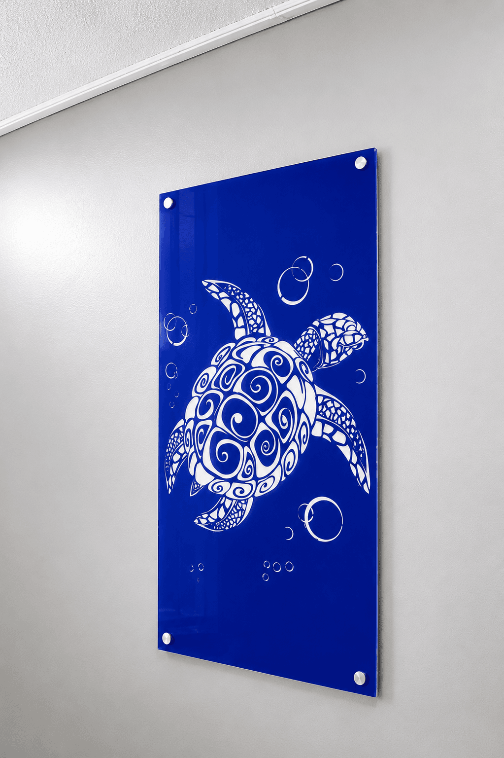 Sea turtle art panel on blue acrylic