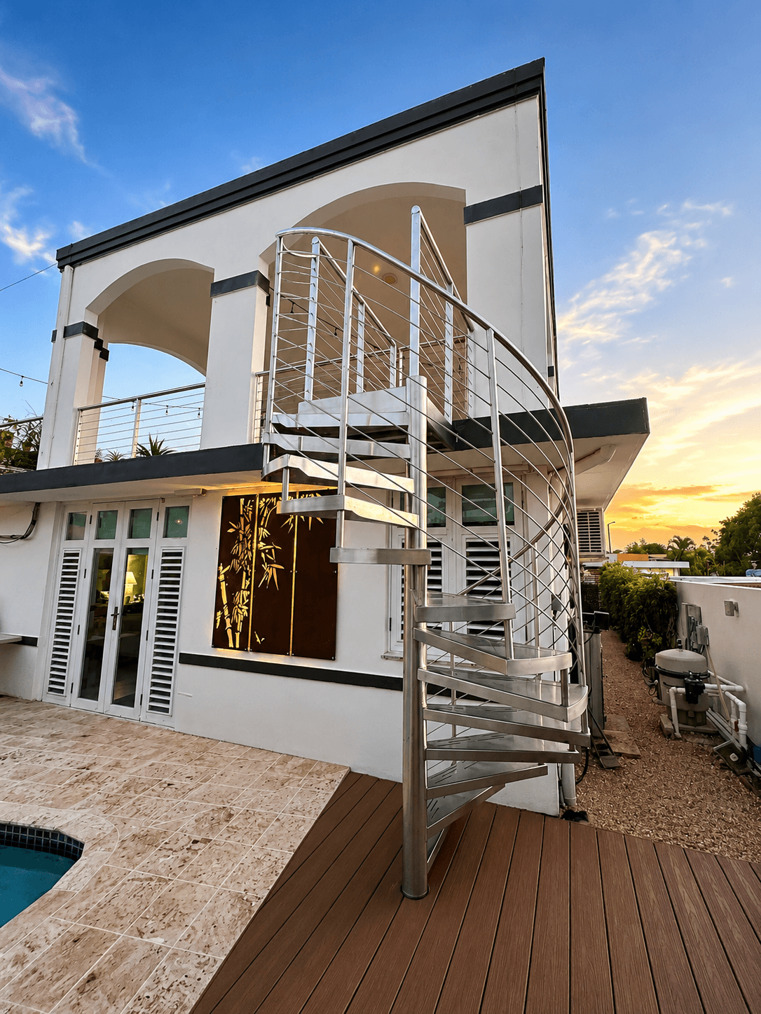 Spiral staircase exterior view at sunset