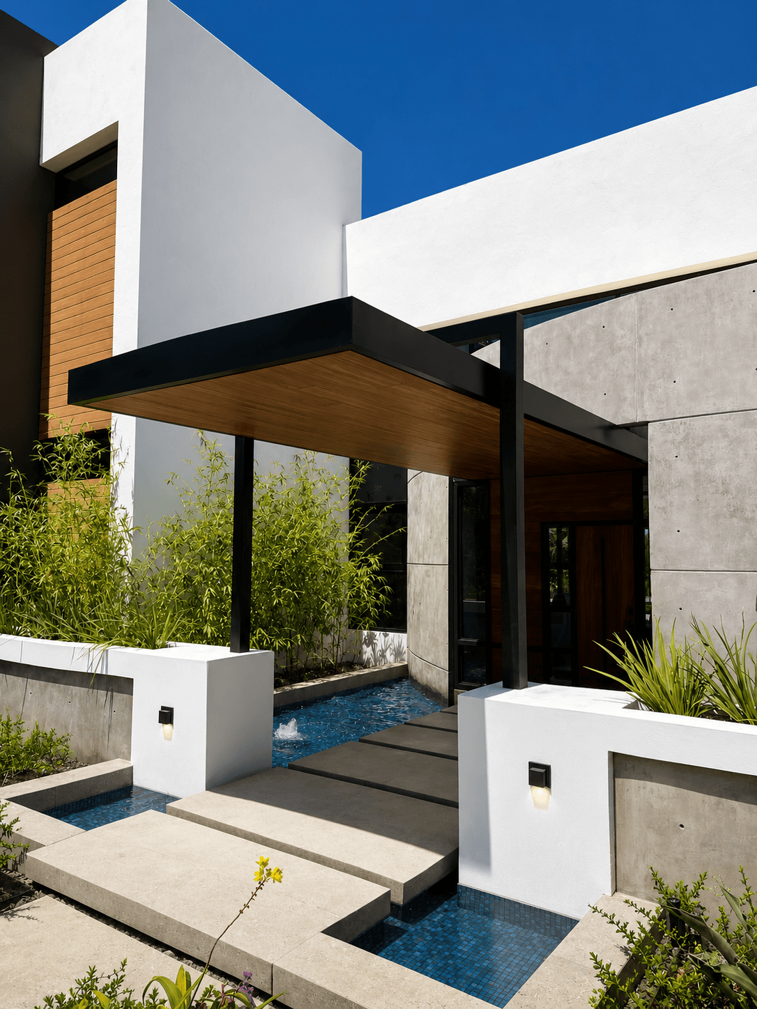 Modern home entrance with steel canopy