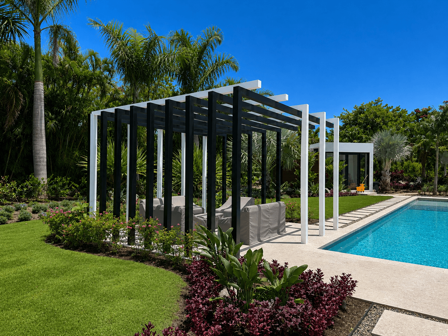 Modern steel pergola by poolside
