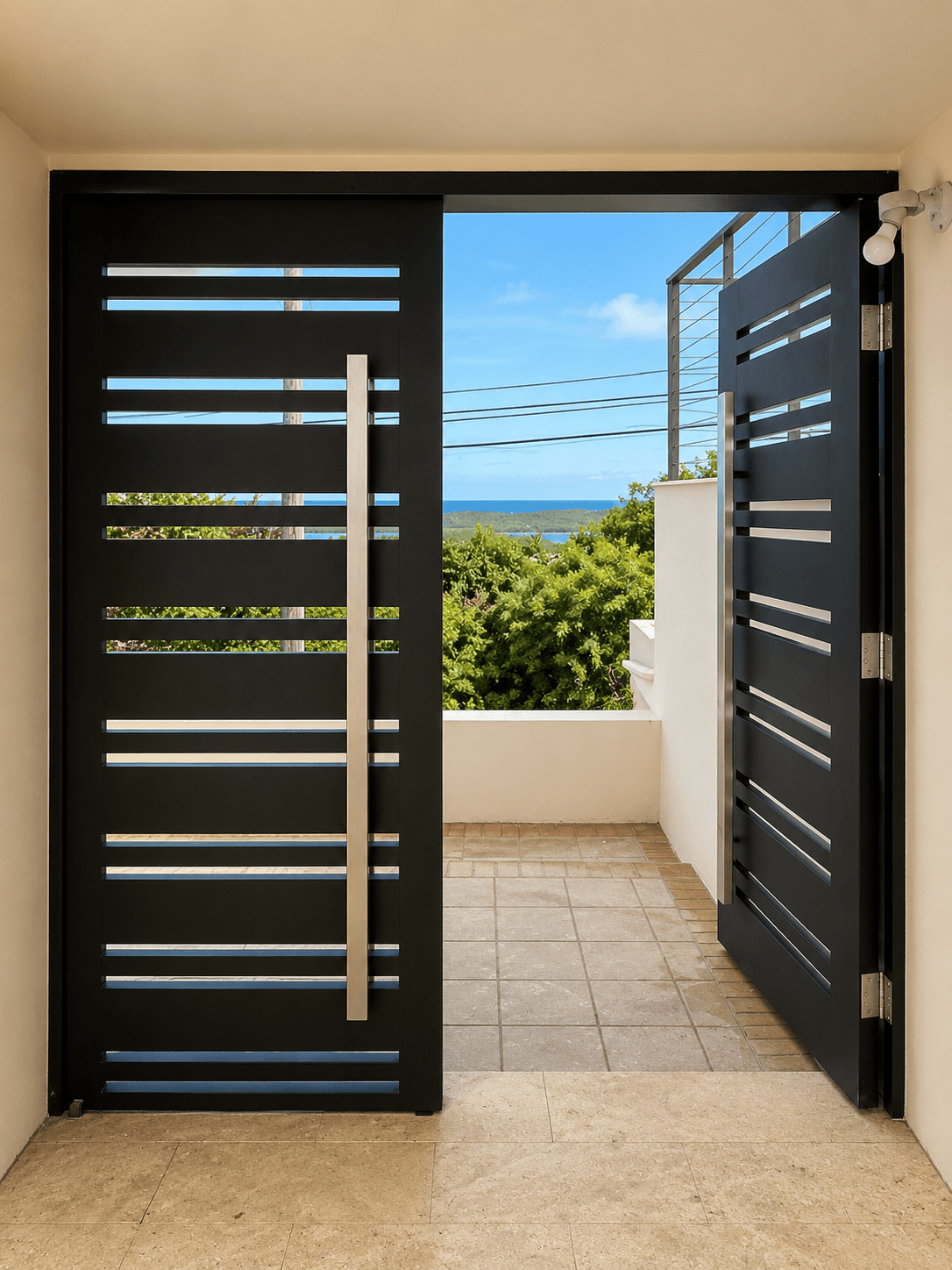 Modern horizontal slat entry door with ocean view