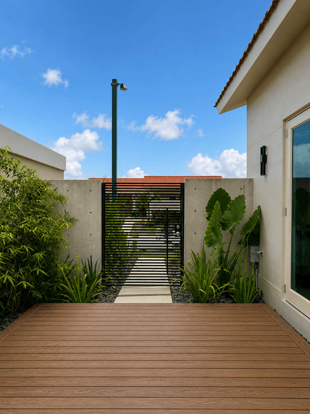 Courtyard gate with horizontal bar design