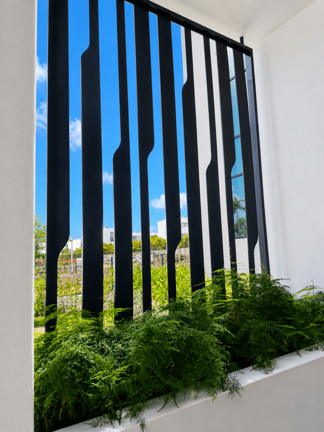 Organic vertical bar window screen with planter