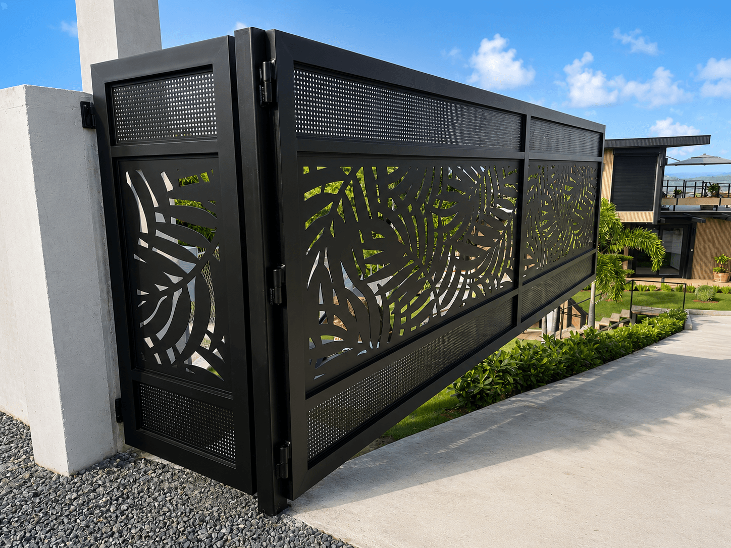 Tropical leaf pattern sliding gate